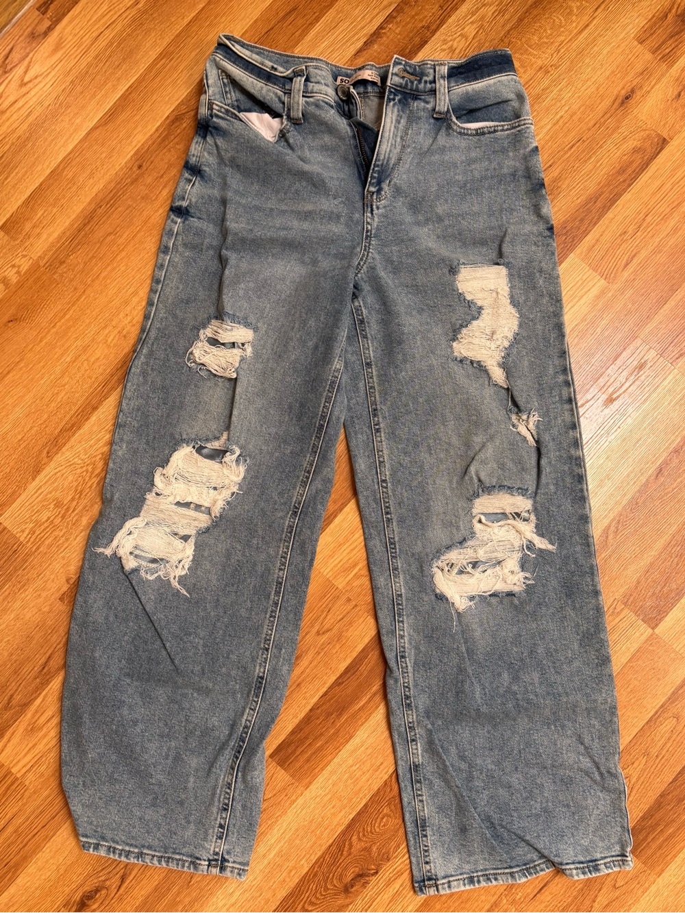 SO Super High Rise Denim Blue 90s Wide Leg Jeans Y2K Distressed size 9